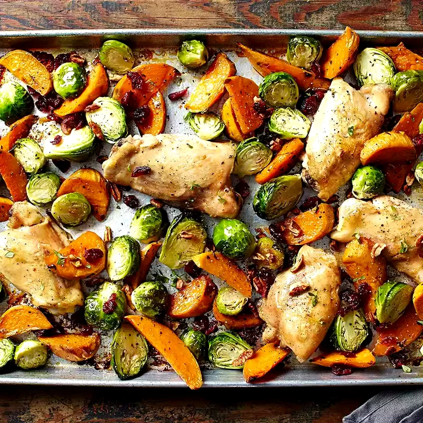 Maple-Roasted Chicken Thighs with Sweet Potato Wedges and Brussels Sprouts