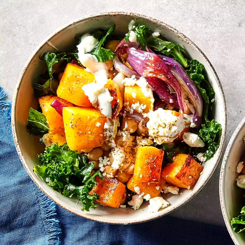 Massaged Kale Salad with Roasted Squash & Chickpeas