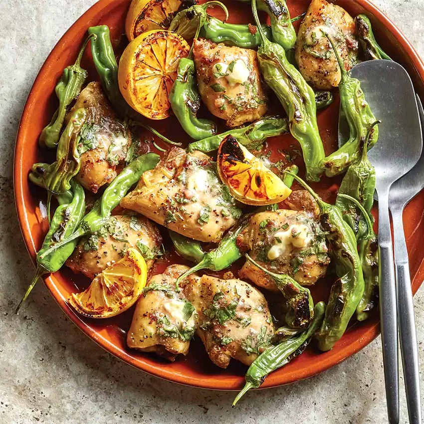 One-Pan Chicken with Basil-Anchovy Butter & Shishito Peppers