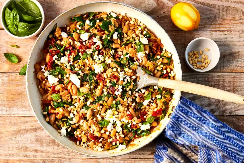 One-Pot White Bean, Spinach & Sun-Dried Tomato Orzo with Lemon & Feta