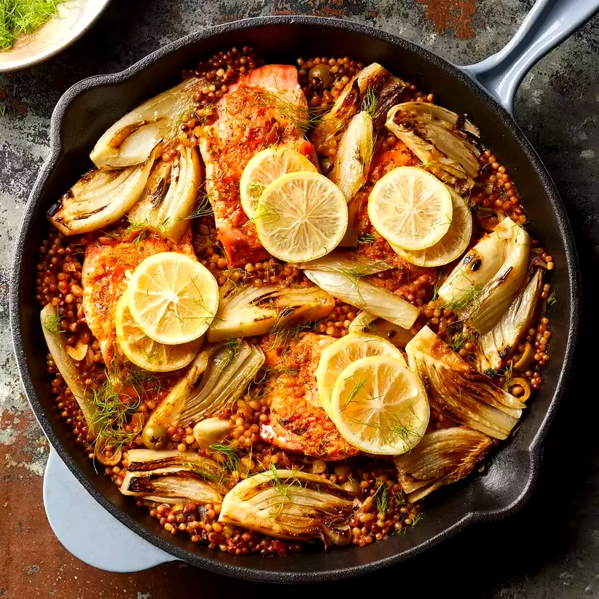 One-Skillet Salmon with Fennel & Sun-Dried Tomato Couscous