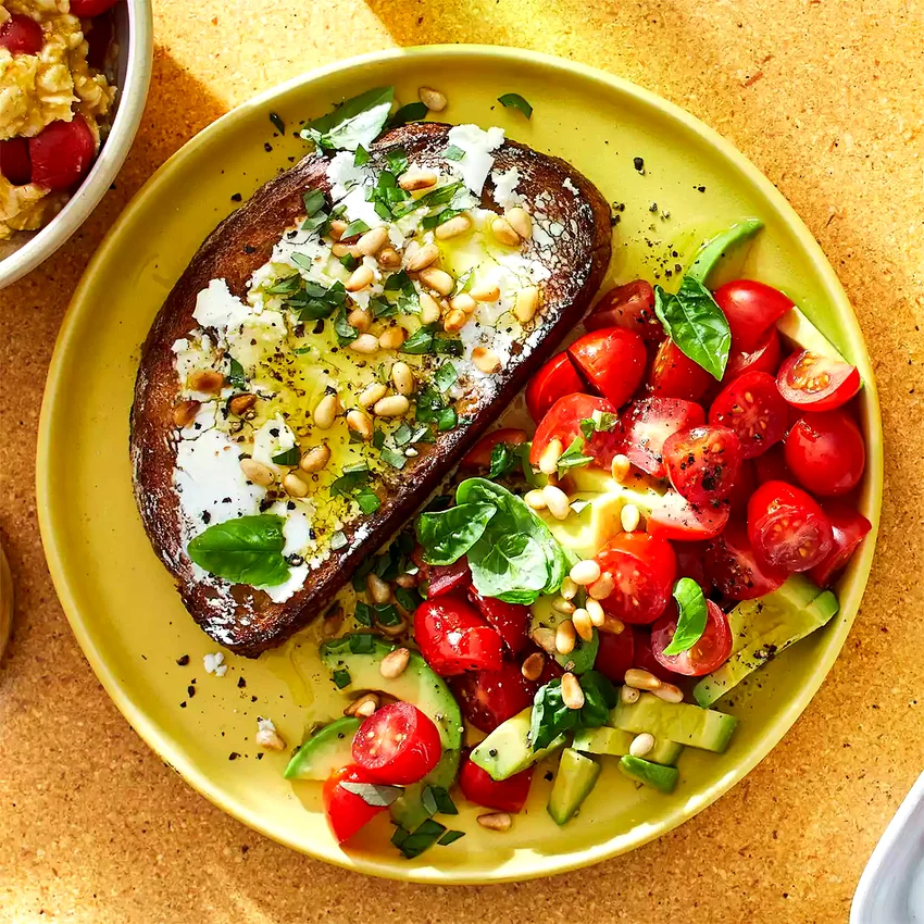 Open-Face Goat Cheese Sandwich with Tomato & Avocado Salad