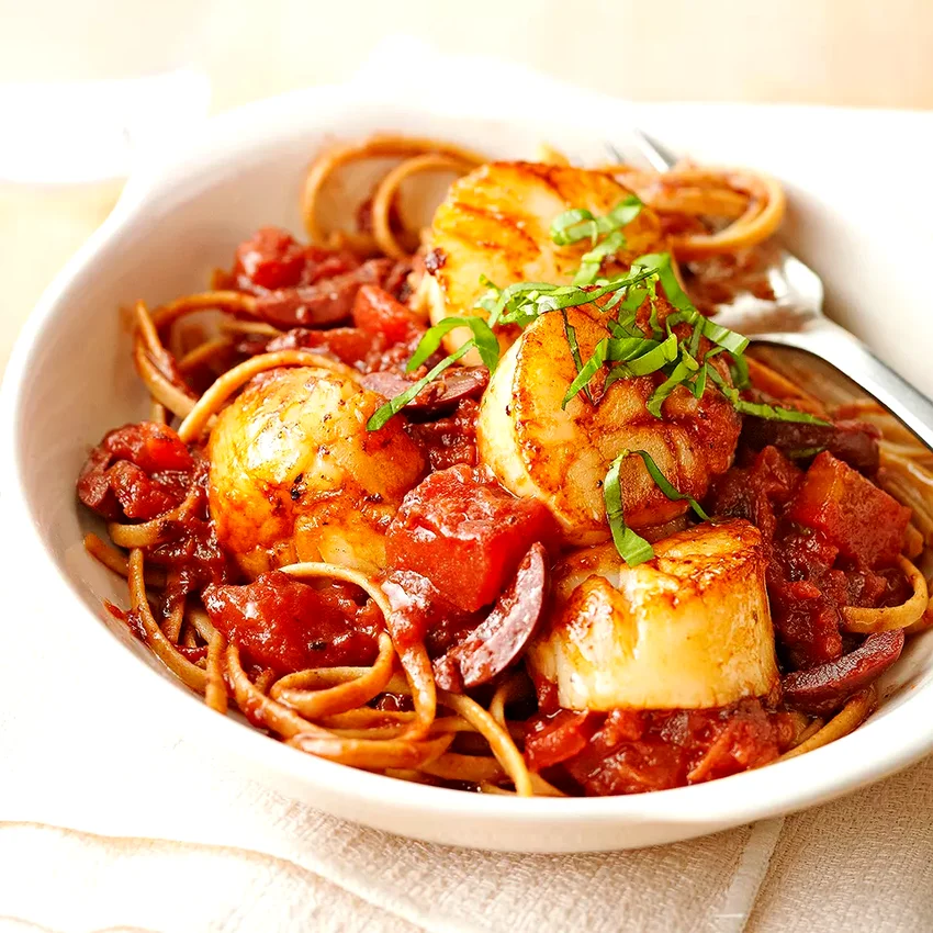Pan-Seared Scallops with Tomato, Olives and Fresh Basil