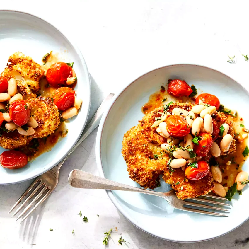 Parmesan-Crusted Cauliflower with White Beans & Tomatoes
