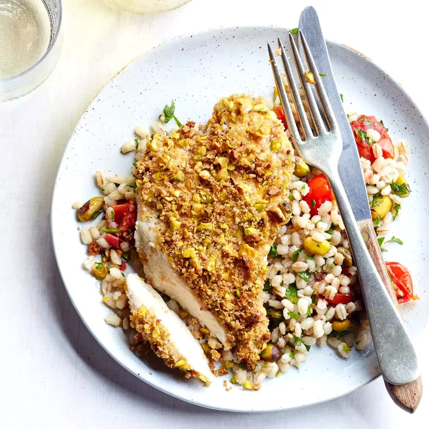 Pistachio-Crusted Chicken with Warm Barley Salad
