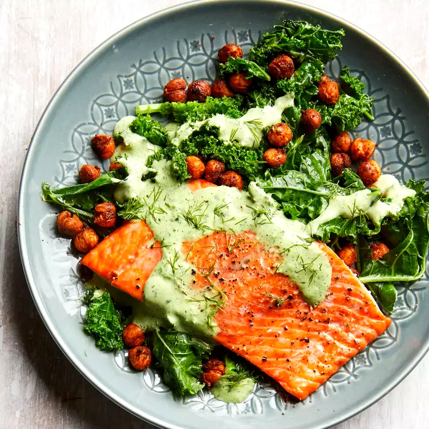 Roasted Salmon with Smoky Chickpeas & Greens