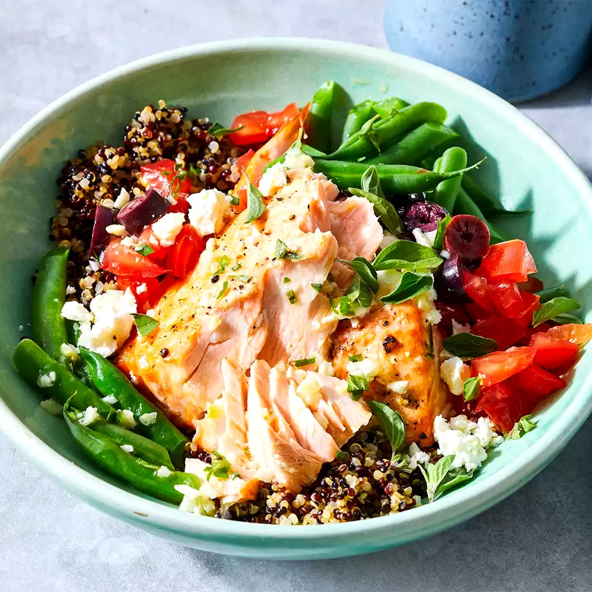 Salmon & Quinoa Bowls with Green Beans, Olives & Feta