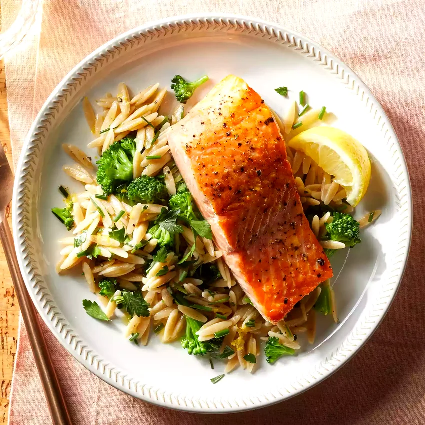 Salmon with Lemon-Herb Orzo & Broccoli