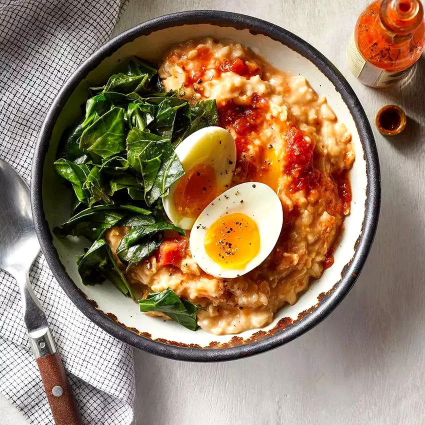 Savory Oatmeal with Cheddar, Collards & Eggs