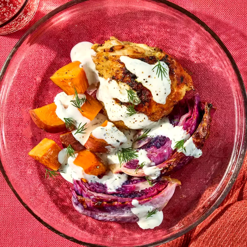 Sheet-Pan Chicken Thighs with Red Cabbage & Sweet Potatoes