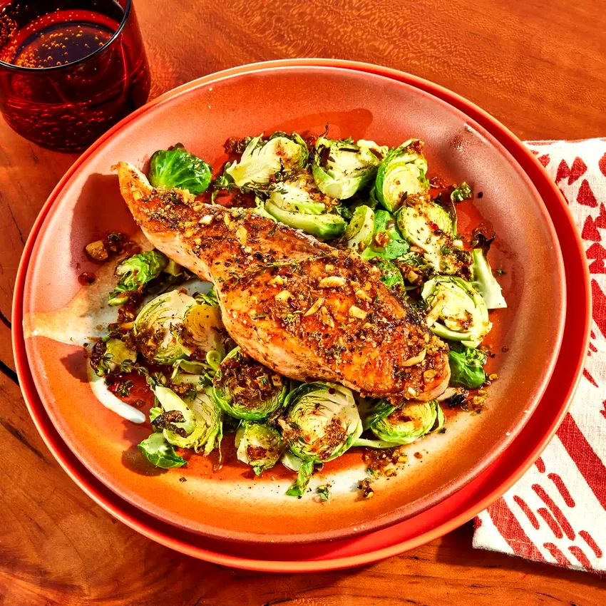 Sheet-Pan Salmon & Shaved Brussels Sprouts