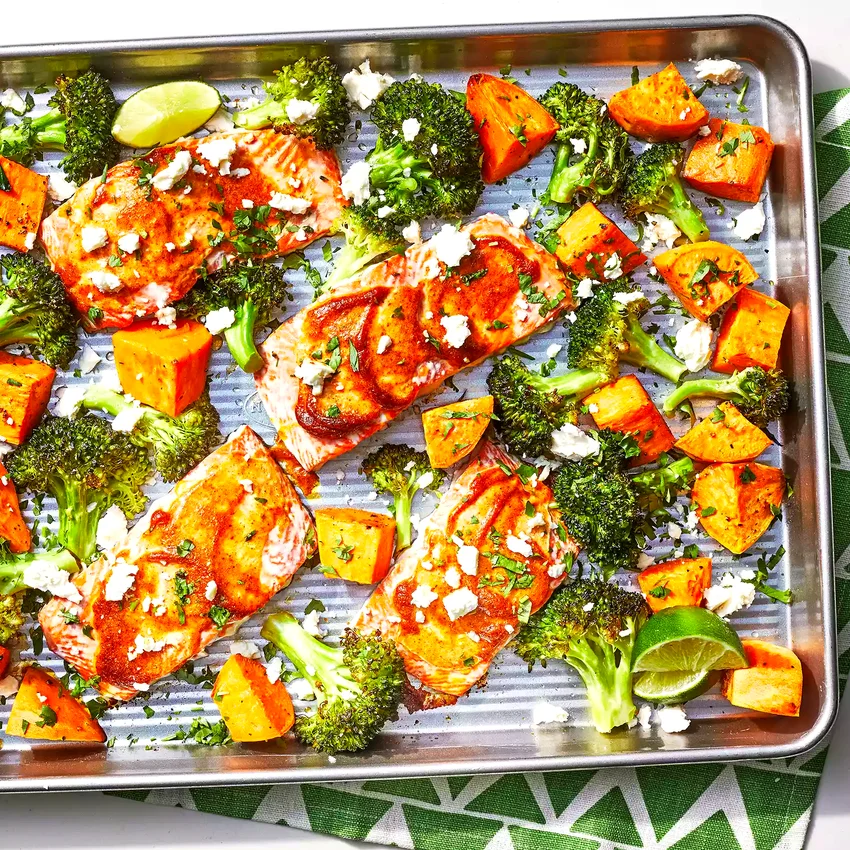 Sheet-Pan Salmon with Sweet Potatoes & Broccoli