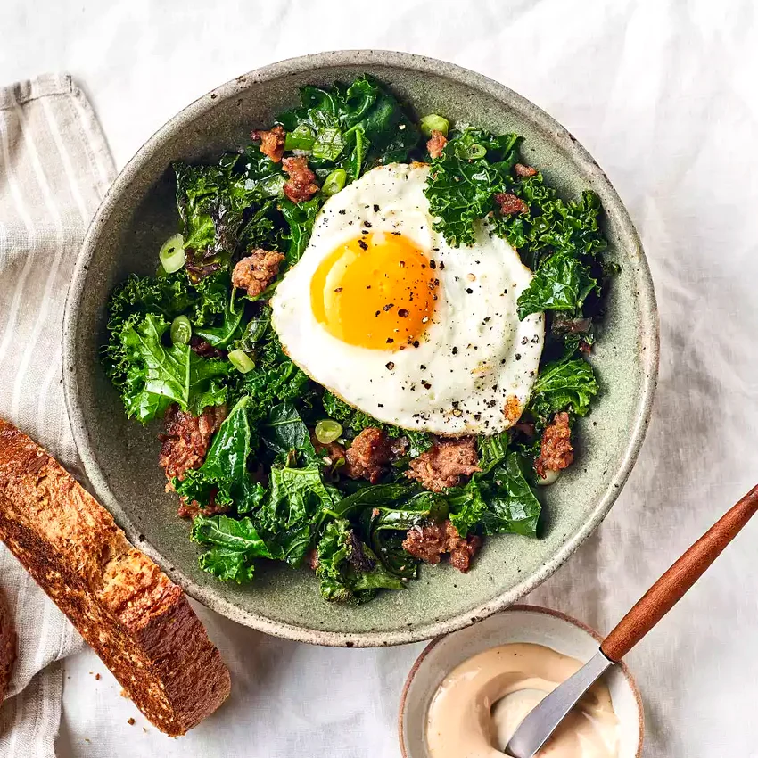 Skillet Eggs with Sausage & Tomato Aioli