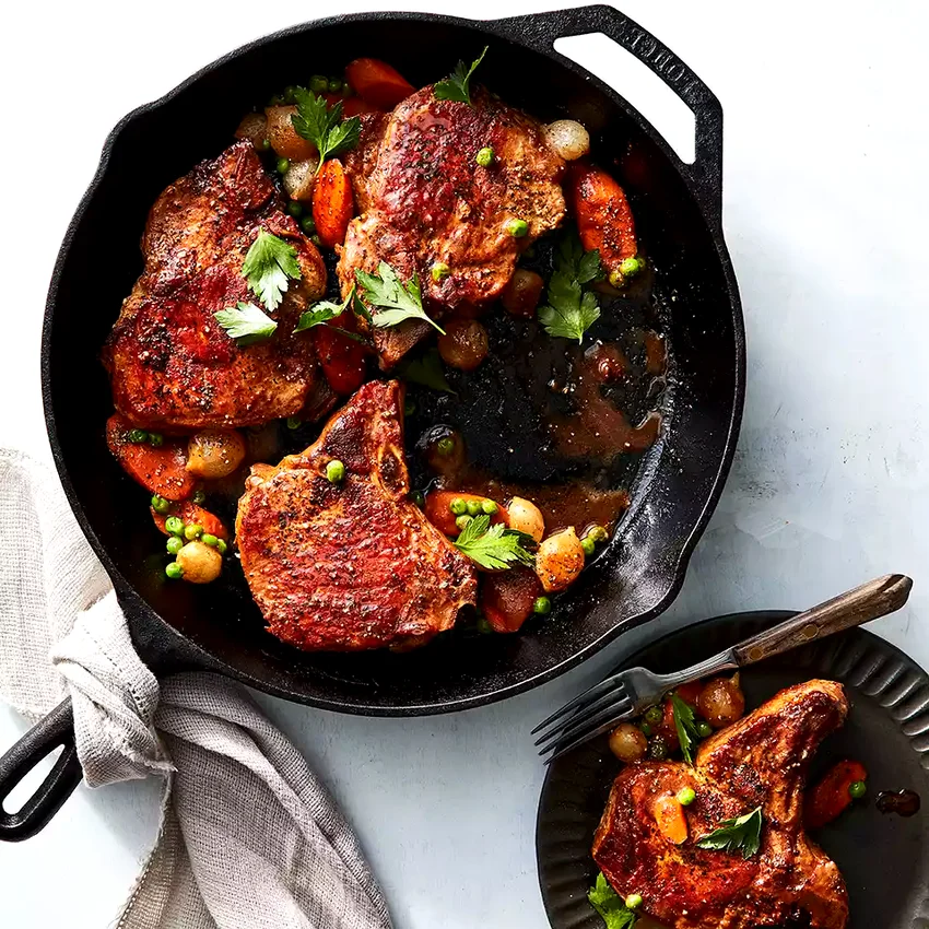 Skillet Pork Chops with Peas, Carrots & Pearl Onions