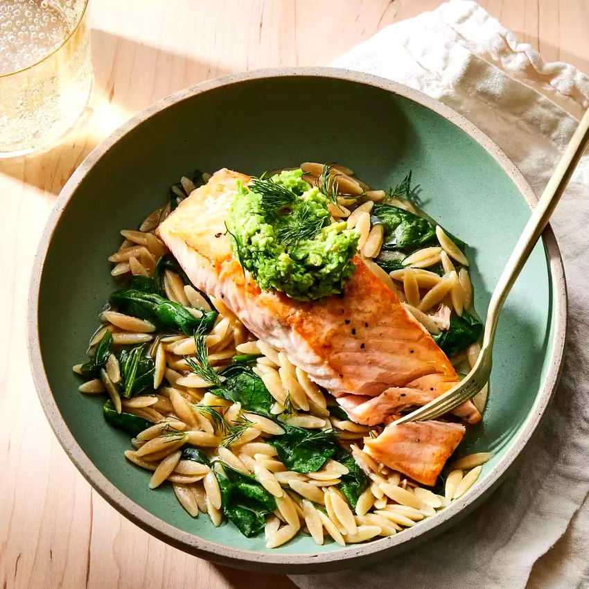 Skillet Salmon with Orzo & Green Pea Pesto