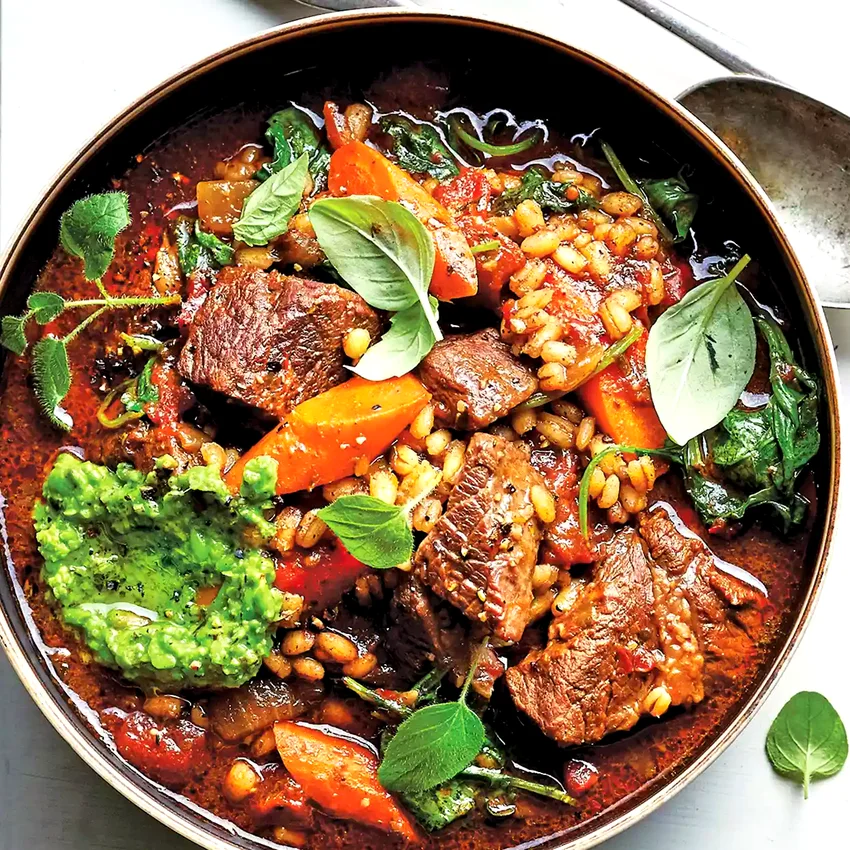 Slow-Cooker Beef-Barley Soup with Red Wine & Pesto