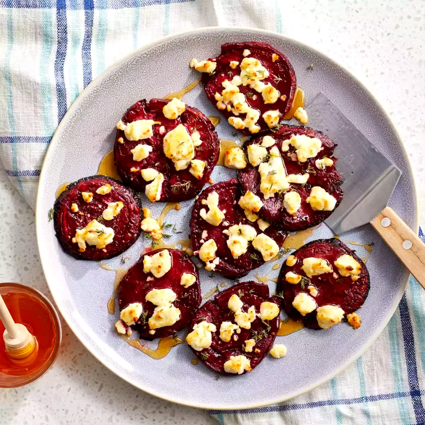 Smashed Beets with Goat Cheese & Hot Honey