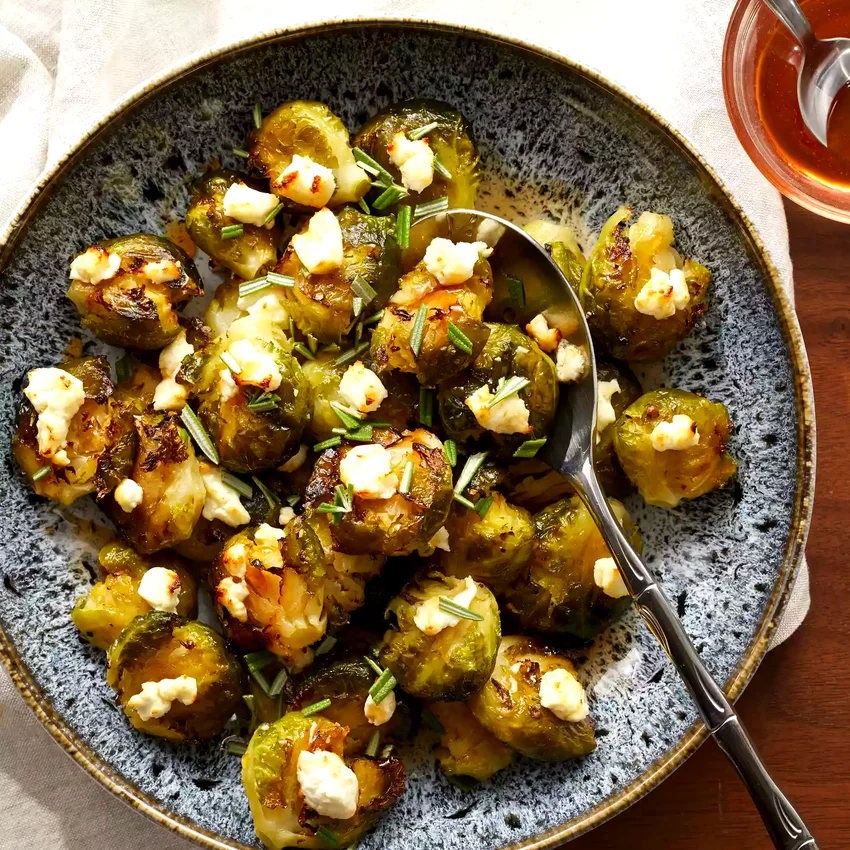 Smashed Brussels Sprouts with Goat Cheese & Hot Honey