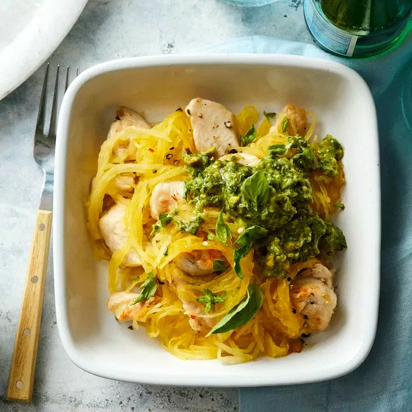 Spaghetti Squash & Chicken with Avocado Pesto