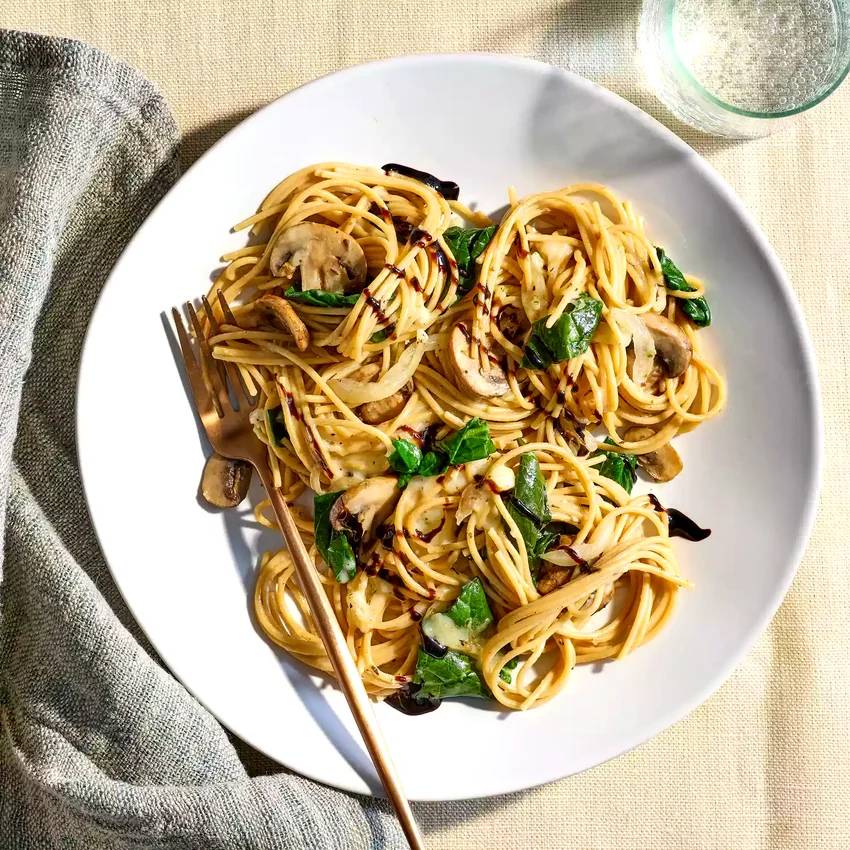 Spaghetti with Baked Brie, Mushrooms & Spinach