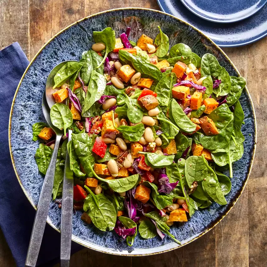 Spinach Salad with Roasted Sweet Potatoes, White Beans & Basil