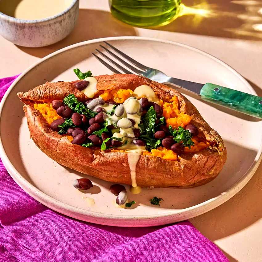 Stuffed Sweet Potato with Hummus Dressing