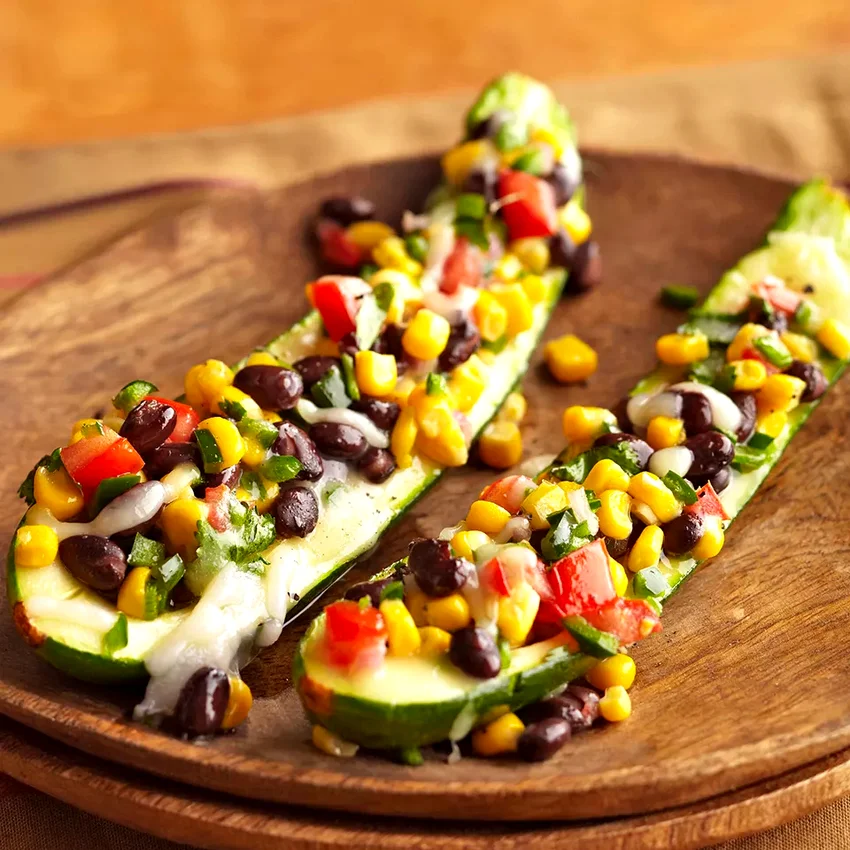 Stuffed Zucchini with Black Beans, Corn and Poblano Pepper