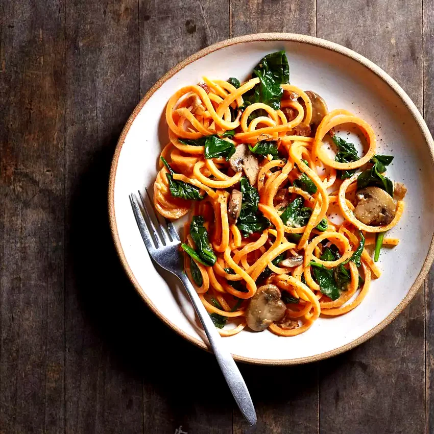 Sweet Potato Carbonara with Spinach & Mushrooms
