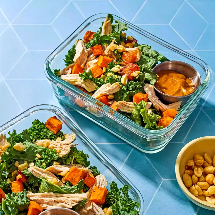Sweet Potato, Kale & Chicken Salad with Peanut Dressing