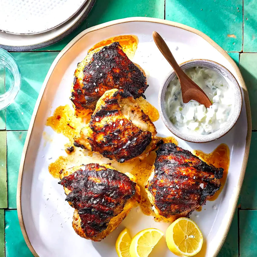 Tandoori-Spiced Grilled Chicken Thighs with Cucumber-Yogurt Sauce