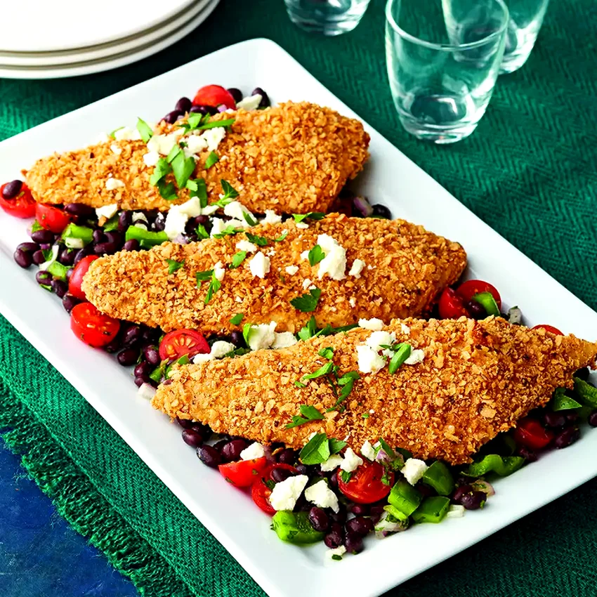 Tortilla Chip Flounder with Black Bean Salad