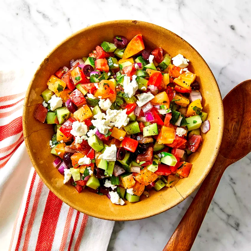 Use-a-Spoon Chopped Salad with Tomatoes, Cucumber, Red Onion & Kalamata Olives