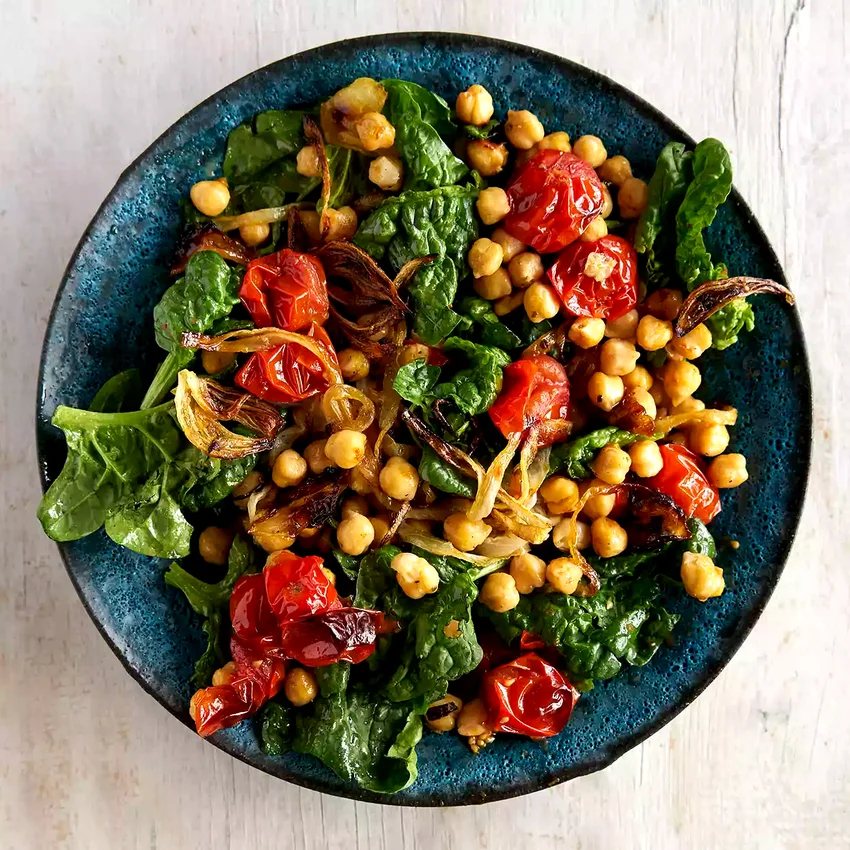 Warm Spinach Salad with Chickpeas & Roasted Tomatoes