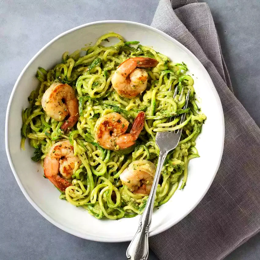 Zucchini Noodles with Avocado Pesto & Shrimp