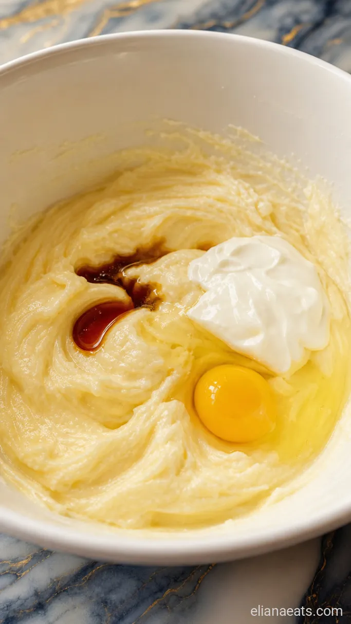 Step 2: Mix in the Egg, Vanilla, Almond Extract, and Sour Cream
